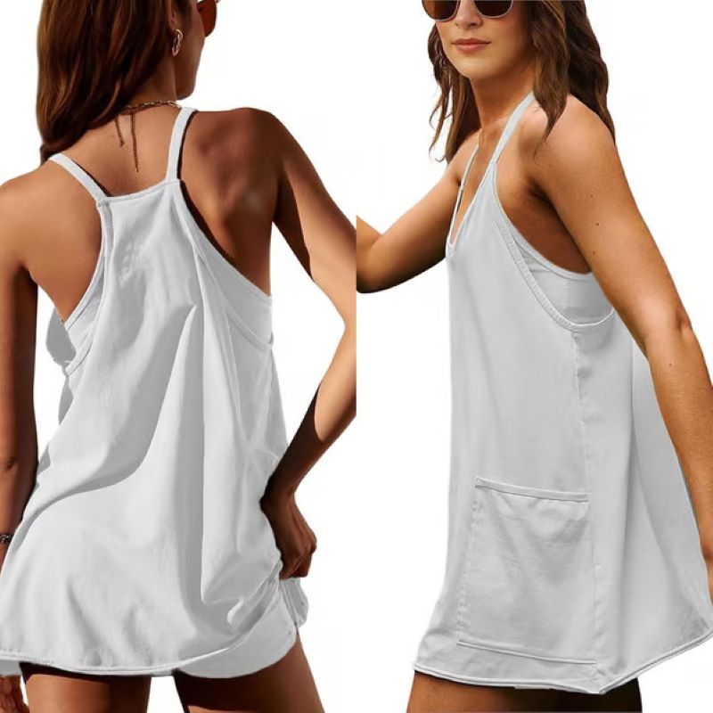 Women's Sleeveless V-Neck Tennis Dress with Shorts and Pockets