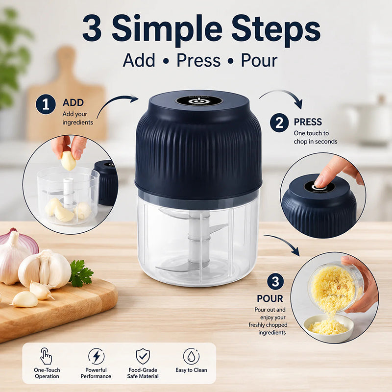 Electric mini-chopper – Prepare garlic and vegetables with a single press