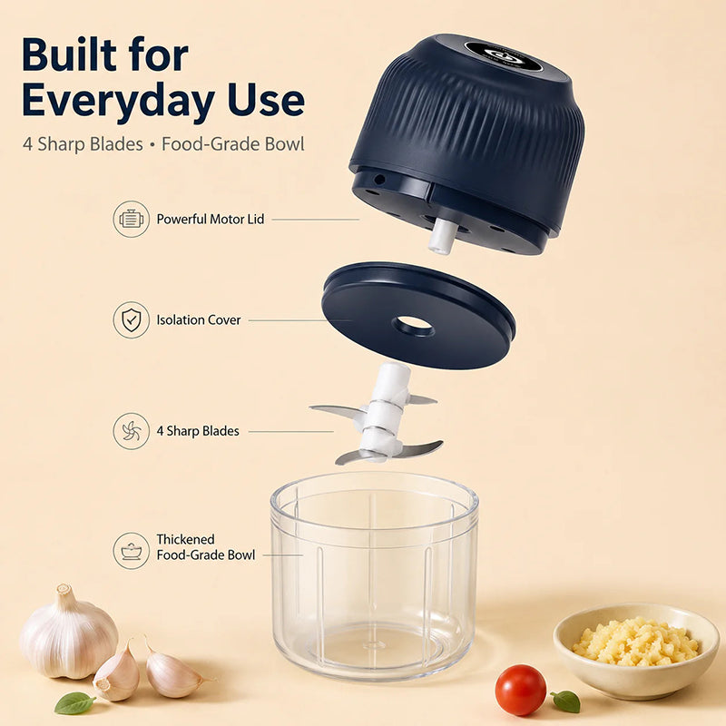 Electric mini-chopper – Prepare garlic and vegetables with a single press