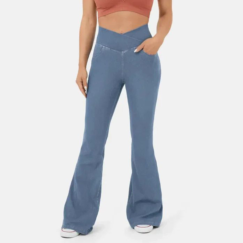 High-waisted stretch denim flared pants