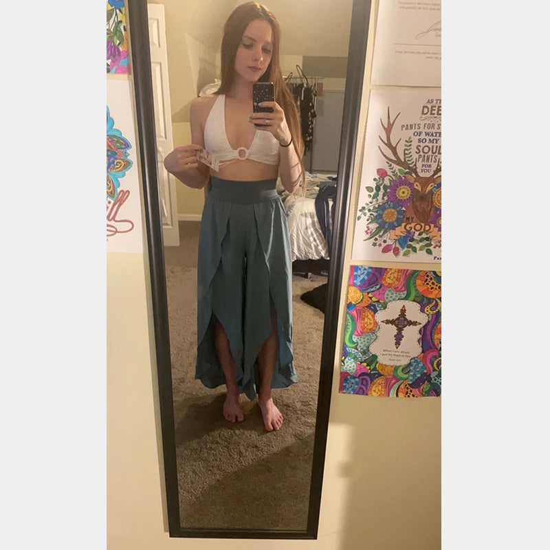 High Waist Back Pocket Flowy Slit Wide Leg Quick Dry Casual Pants