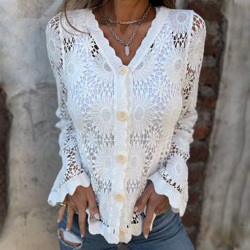 Women's V-neck lace long-sleeved top