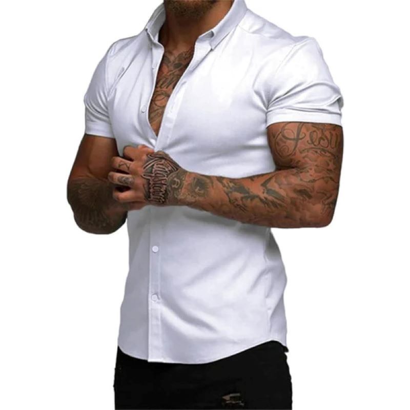 Men's solid color lapel short sleeve shirt