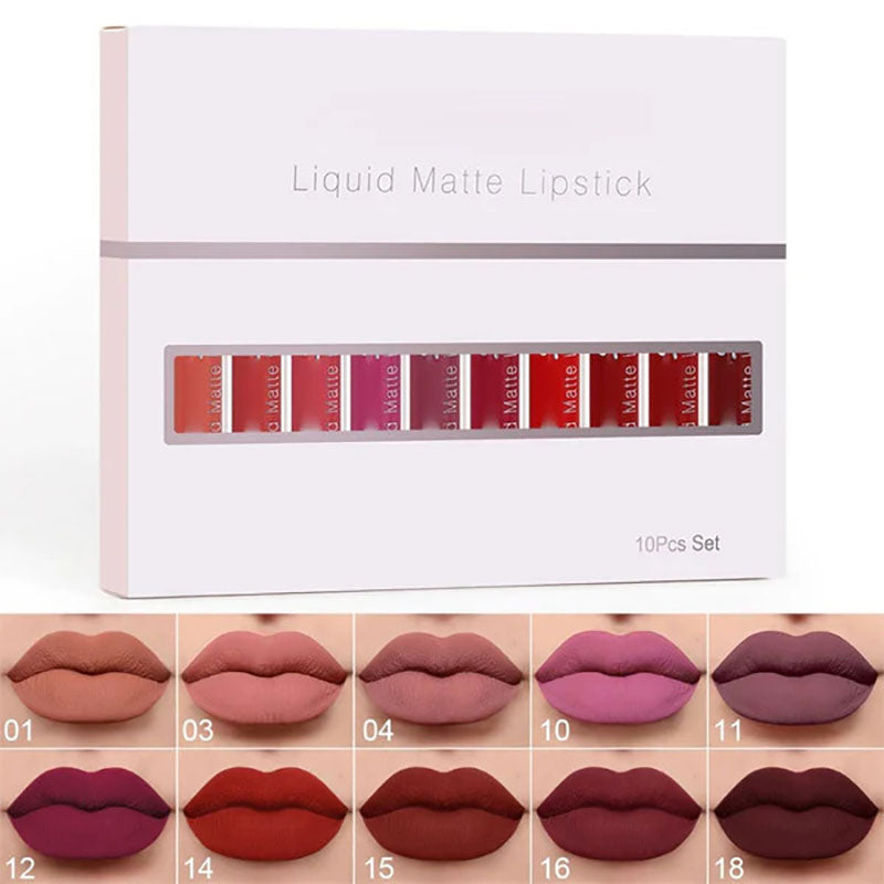A set of 10 matte, waterproof, long-lasting lip glosses