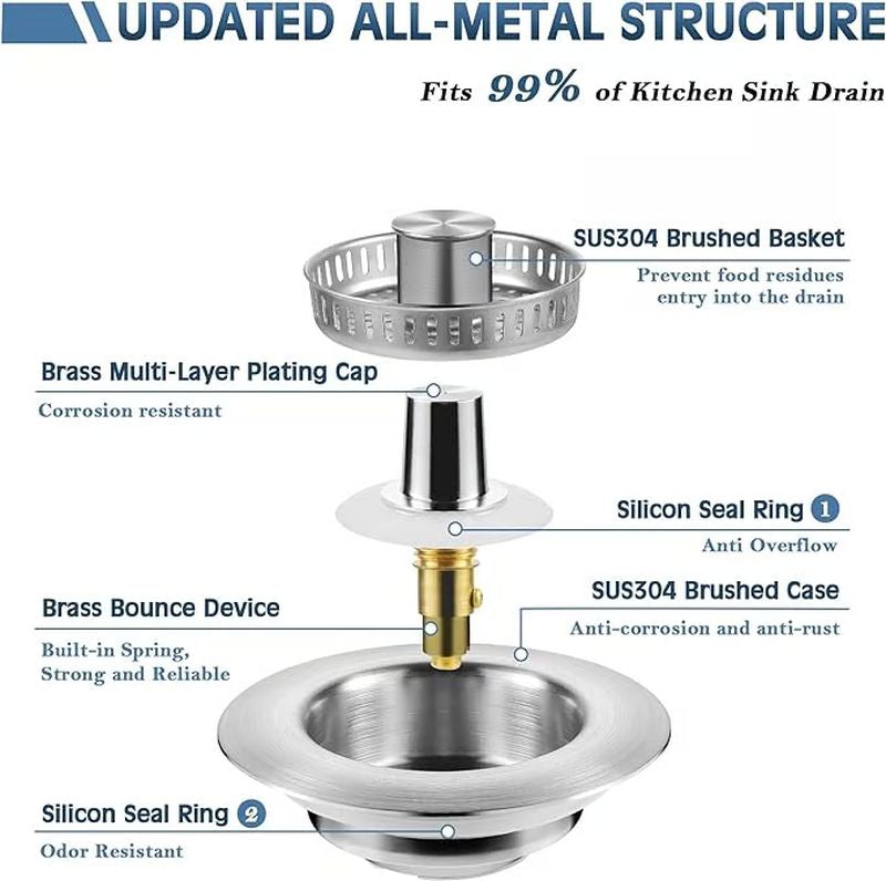 Stainless steel kitchen sink pop-up drain