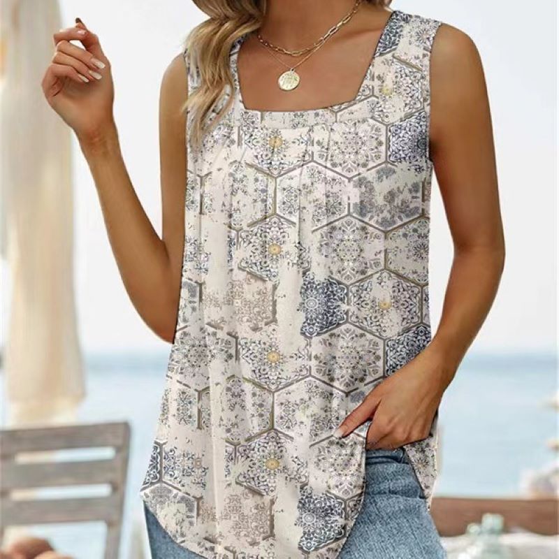 Sleeveless Square Neck Printed Vest