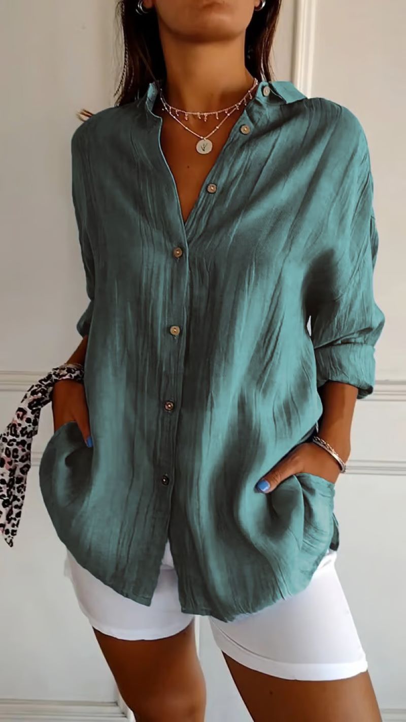 ✨Women's Cotton and Linen Casual Single-Breasted Pleated Lapel Shirt
