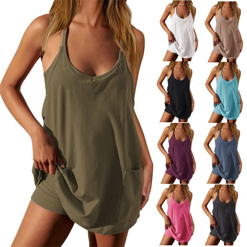 Women's Sleeveless V-Neck Tennis Dress with Shorts and Pockets