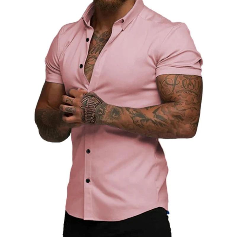 Men's solid color lapel short sleeve shirt
