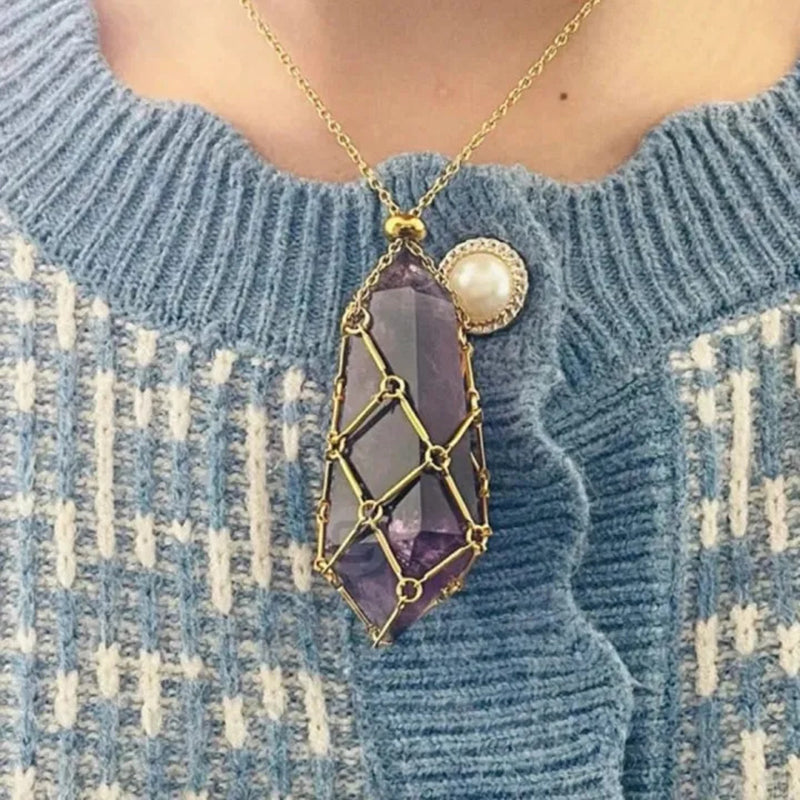 DIY Adjustable Natural Crystal Mesh Metal Bamboo Style Necklace