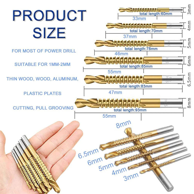 6 Pack Titanium Coated HSS Twist Drill Bits（3-8mm）