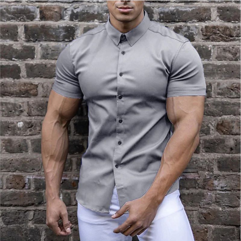 Men's solid color lapel short sleeve shirt
