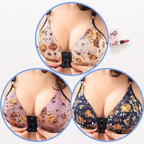 Women's front buckle gathered print bra