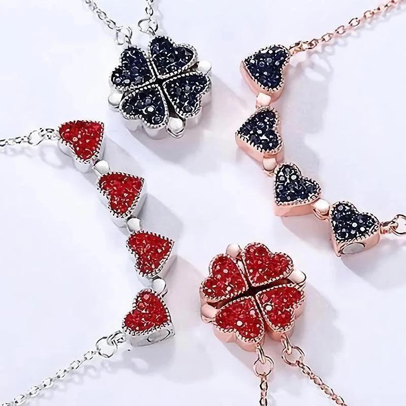 Double Sided Four Leaf Clovers Heart Crystal Necklace