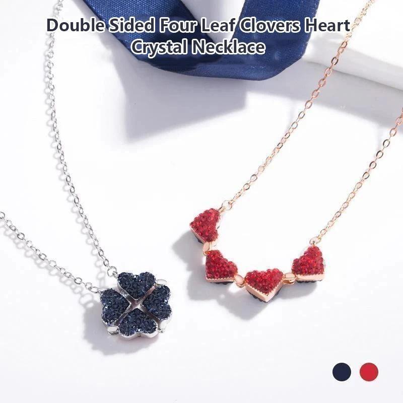 Double Sided Four Leaf Clovers Heart Crystal Necklace