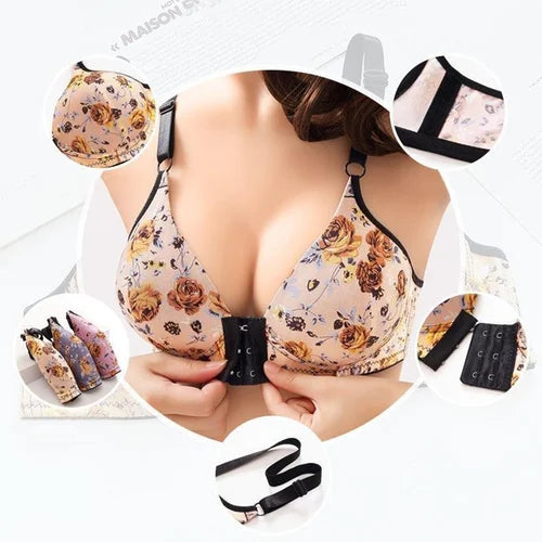 Women's front buckle gathered print bra